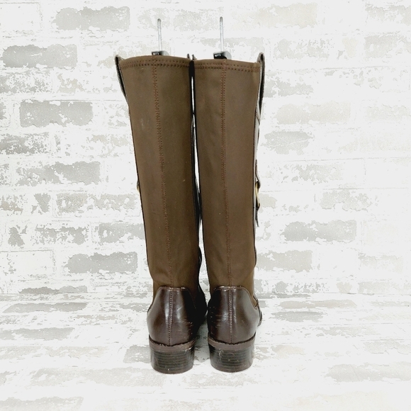 Civic Lila Brown Leather Elastic Calrf Block Heel Side Zip Tall Boots W20 - Picture 4 of 9